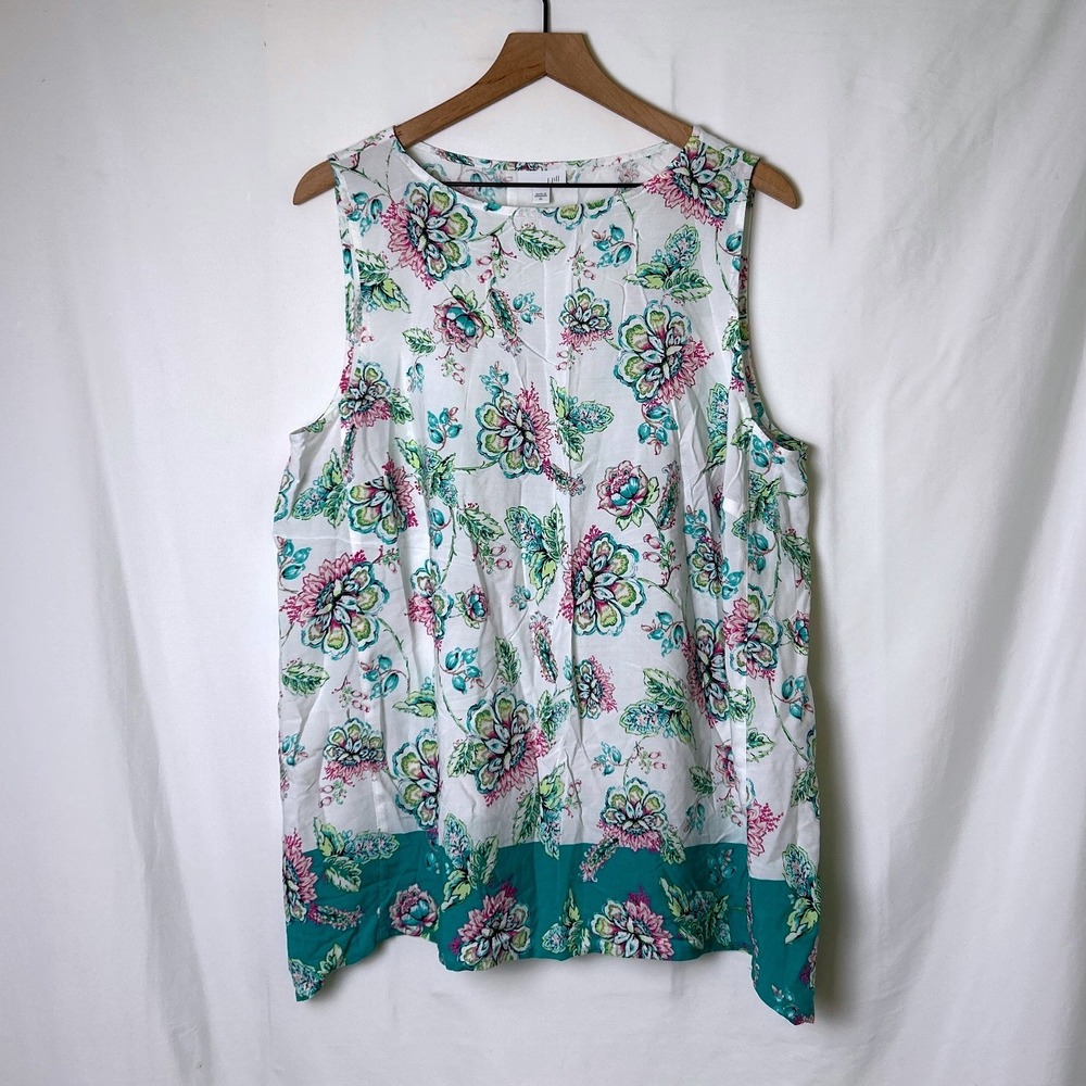 J. Jill Womens Floral Tunic Tank Top Size XL White Teal Pink Casual Lightweight